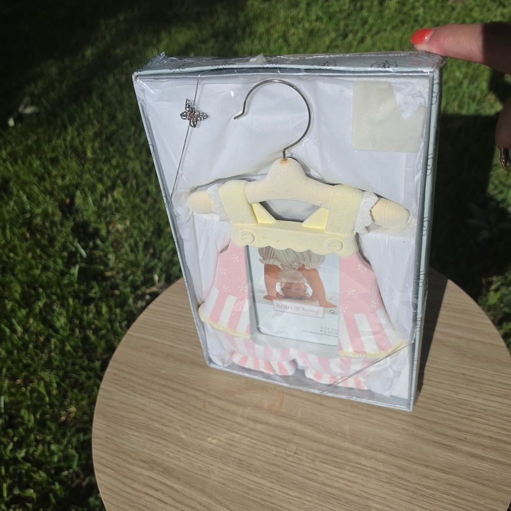 Heart & Home Baby Picture Frame Pink Striped Romper Hanger Nursery Decor NIB